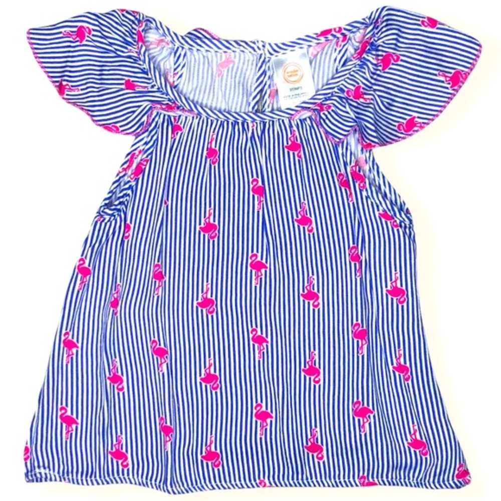 Toddler Girls Blue Stripe Pink Flamingo Top 3T